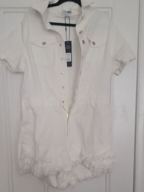 Fashion Nova White Sweet Bliss Denim Romper with Gold Buttons